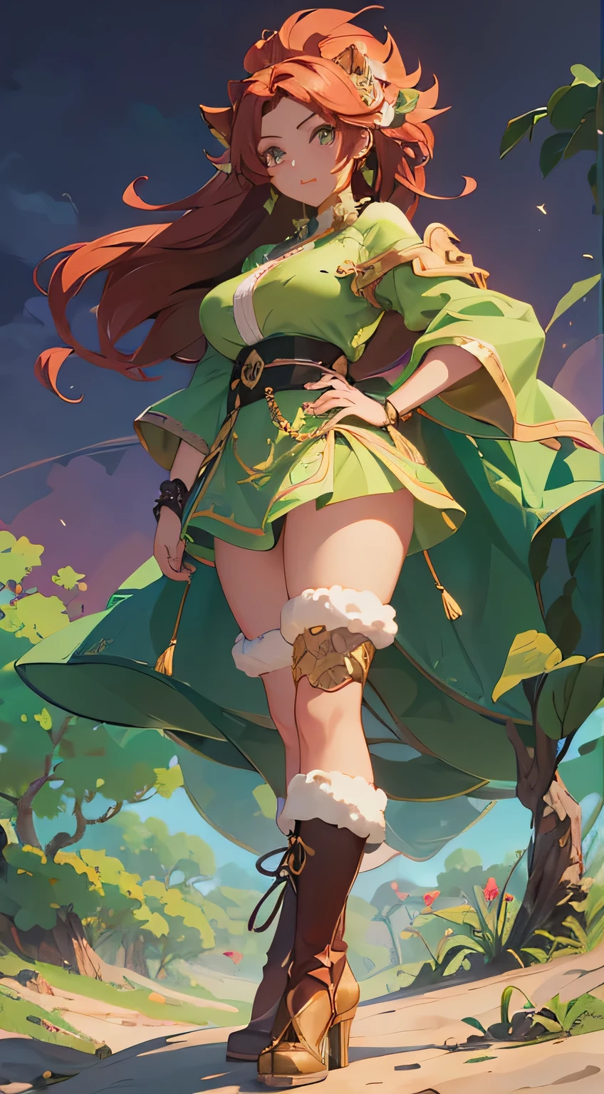 (estilo anime delicado e vibrante,Highly detailed and perfect 8k resolution,roupas falsas e fofas e botas grandes),awaifu with lion features, vitrine de corpo voluptuoso em primeiro plano,(lush African jungle scenery with breathtaking level of detail).
