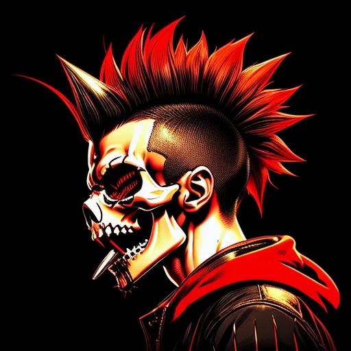 official art, unity 8k wallpaper, ultra detailed, vector art, aesthetically pleasing, High quality, masterpiece, best quality, Punk skull with red mohawk, side view, 1man, looking left, wide open mouth, detailed teeth, empty eye sockets, black and red graphic style, high contrast, (best quality, 4k, 8k, high resolution, masterpiece:1.2), ultra-detailed, illustration, HDR, UHD, sharp focus, bold lines, (punk, rebellious, aggressive:1.2), worm color tones, lens flare abuse, Yuki Katsura, subalpine meadows, Walking Catfish, Christmas Red