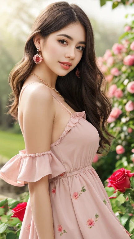 A charming woman in a rose garden, Captured in ultra-detail, oil painting style image、She is very beautiful, highly detailed eyes, Luscious lashes, thin eyebrows、stare quietly into the distance, Reflects a calm and contented expression. Her plump breasts, slim body shape、perfectly formed lips, incredibly detailed, Gently curve into a small smile, She's wearing a cute ruffled slip dress with a light cardigan draped over her shoulders.、Complex texture, Her long curls cascade down her shoulders、Blends in with many roses, Red, pink, yellow, white, etc.々Roses of different colors、Earrings and necklaces、HDR lighting、The scene is filled with faint things, The soothing sounds of birds chirping nearby、