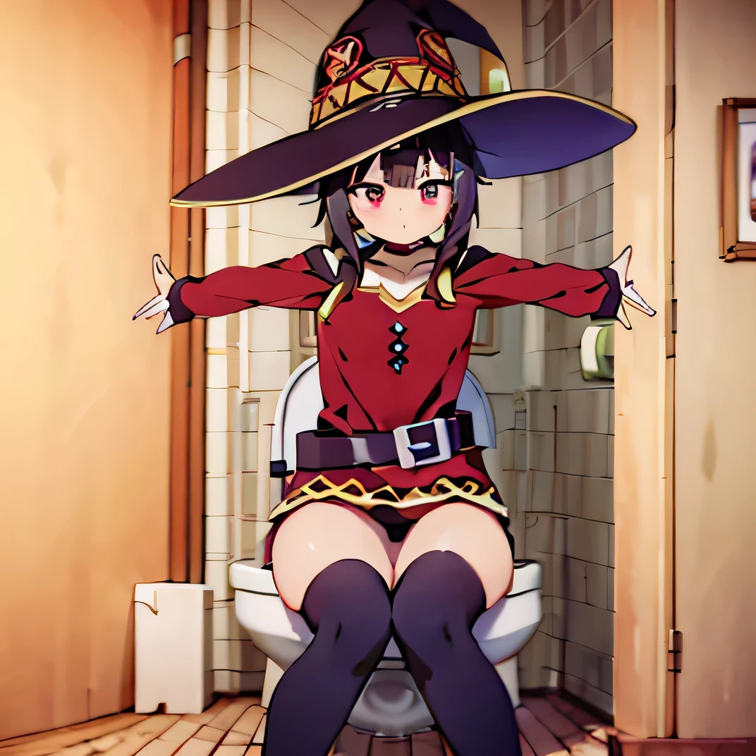 ((masterpiece)), (Best quality:1.7), (detailed:1.4), (A high resolution:1.4), 8 k, (colorful:1.5), 2D, A high resolutionolution, Sharp image, 4K, HD, Megumin_Konosuba, 1 girl, (((One))), ((black hair)), black stockings, Wow, witch hat, brown belt, Red eyes, Red dress, Medium Body, cowboy shot, smile, ((Medium breasts)), (((e.g))), peace symbol, long sleeves,long ноги, school, (((Two arms))), (((Two arms))), Necklace, ((black e.g)), hands on hip, belt, sexy hips, sits on the toilet, poops, diarrhoea, feet together 