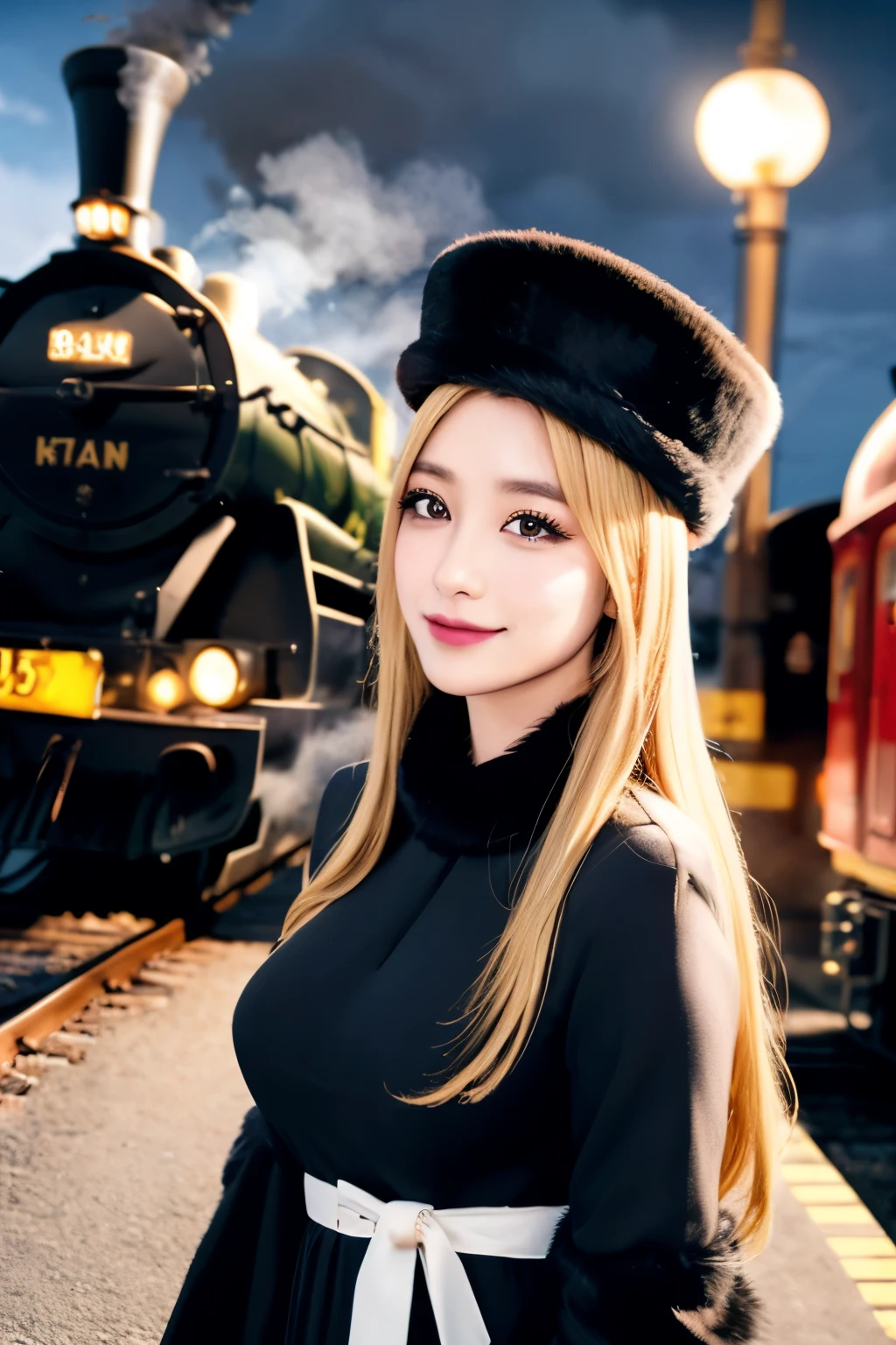 maetel, long hair, blonde hair,fur trim, black headwear, fur hat, dress,(cowboy shot:1.1), yellow eyes, (luggage:1.1), steam (train station:1.1),station platform,  night, galaxy,999
best quality, highly detailed, masterpiece, absurdres,8k,   (detailed eyes, deep eyes),photorealistic, realistic,detailed skin texture, detailed pupils,HDR,
1woman,(happy:1.1),smile, (angular face:1.2),shiny face,large breasts, (narrow waist:1.1), lip makeup,long eyelashes