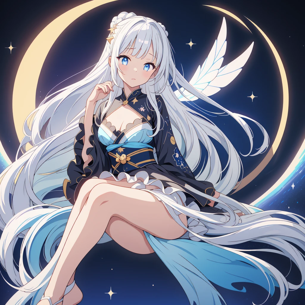 sitting on the crescent moon、(masterpiece, best quality), 1girl, 1girl、vtuber-fullbody、Star Fairy、「A beautifully printed galaxy patterned kimono and gothic lolita outfit.、Space pattern box pleated mini skirt with ruffles、Front full body portrait、enchanting eyes、Perfect and stunning face、exquisite details、clear image、highest quality。」Milky white and light blue gradient straight long hair、