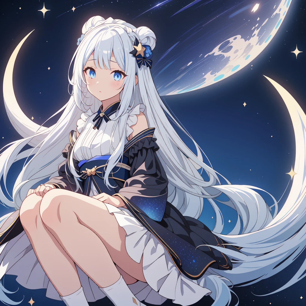 sitting on the crescent moon、(masterpiece, best quality), 1girl, 1girl、vtuber-fullbody、Star Fairy、「A beautifully printed galaxy patterned kimono and gothic lolita outfit.、Space pattern box pleated mini skirt with ruffles、Front full body portrait、enchanting eyes、Perfect and stunning face、exquisite details、clear image、highest quality。」Milky white and light blue gradient straight long hair、