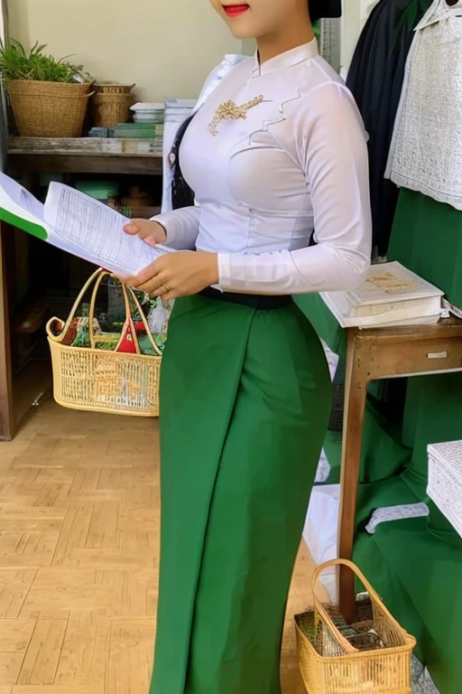 there is a woman standing in a green skirt and white shirt, nivanh chanthara, wearing traditional garb, traditional dress, wearing headmistress uniform, traditional clothes, wearing authentic attire, in style of lam manh, white shirt and green skirt, nuttavut baiphowongse, student, 30 years old woman