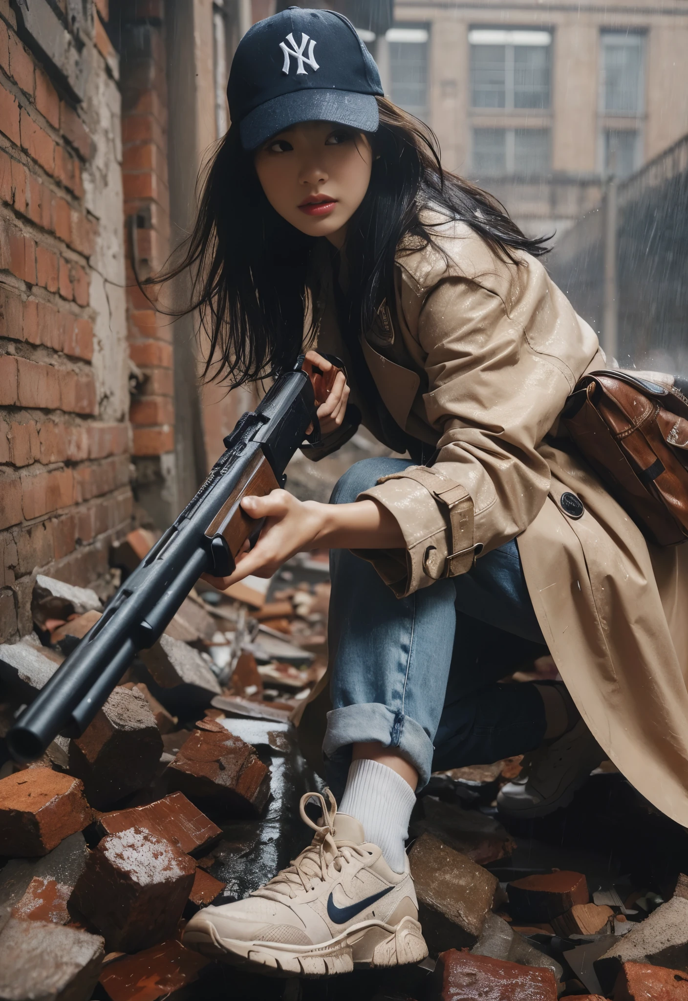 (highly detailed, realistic photo, realistic skin texture), 8K, an American-based beautiful Japanese woman holding a sawed-off shotgun at her waist and looking back, wearing a dirty and torn beige trench coat, a navy Yankees baseball cap, dirty high-top Nike sneakers, in an alley with scattered bricks and debris, with rain falling and wet clothes, with a fascinating and action-packed pose, and a cool composition.
