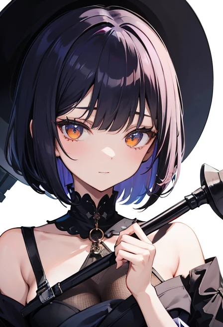 Witch's outfit, Anime-style portrait of a girl with a deep violet bob cut, {Golden eyes}, bright eyes, -facee contact with the camera, subtle smile, Holds a large shinigami scythe in her right hand, minimalistic background to emphasize character, high contrast, clean lines, digital painting, vivid colors