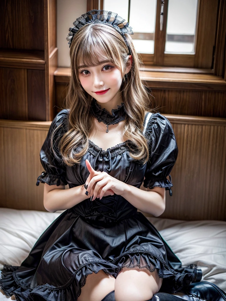 1 nogizaka girl, utterly cute, bishojo, 12yo, (gothic lolita fashion), an exquisitely detailed and beautiful face and eyes and skin, detailed black shine hair, (small breasts), (cleavage), (open chest), elegant frills, frilled tie, ribbon tie, rose hair accessory, (smile at the camera), (cowboy shot), (castle in europe), professional lighting, BREAK, (realistic, photo-realistic:1.37), 8k, (masterpiece), (best quality:1.4), (ultra high res:1.2), (RAW photo:1.2), (a dress with delicate lace, soft fabric, and a beautiful rose pattern), perfect anatomy, 4fingers and 1thumbs, ultra detailed background, (unity 8k wallpaper)