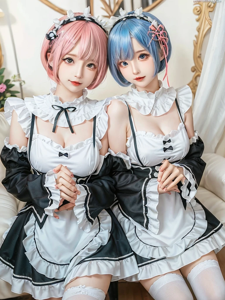 (8K, Photorealistic, Raw photo, of the highest quality: 1.3), (1girl in), Super beautiful, (Realistic face), (boyish, pink Color Berry Shorthair), Beautiful , Glare that captivates the viewer, Beautiful expression, Beautiful breasts, (Realistic skin), Be...Create a detailed and colorful image of Ram and Rem from Re:Zero, standing back-to-back in their maid outfits, with a magical fantasy background、14years old, two girls,cute, perfect face, beautiful, nice body, gothic ta clothes, gothic loliashion, frilly skirt, headdress, necklace, bracelet, knee-high socks, boots, double eyelids, tear bags, Detailed down to the fingers, photo-like description, indoors, dim indoor lighting, one girl is pink hair and short bob, another girl is light blue hair and short bob,standing, sexy posing,whole body, composition that shows the whole body, smiling,The Both of them are wearing the same type of maid outfit