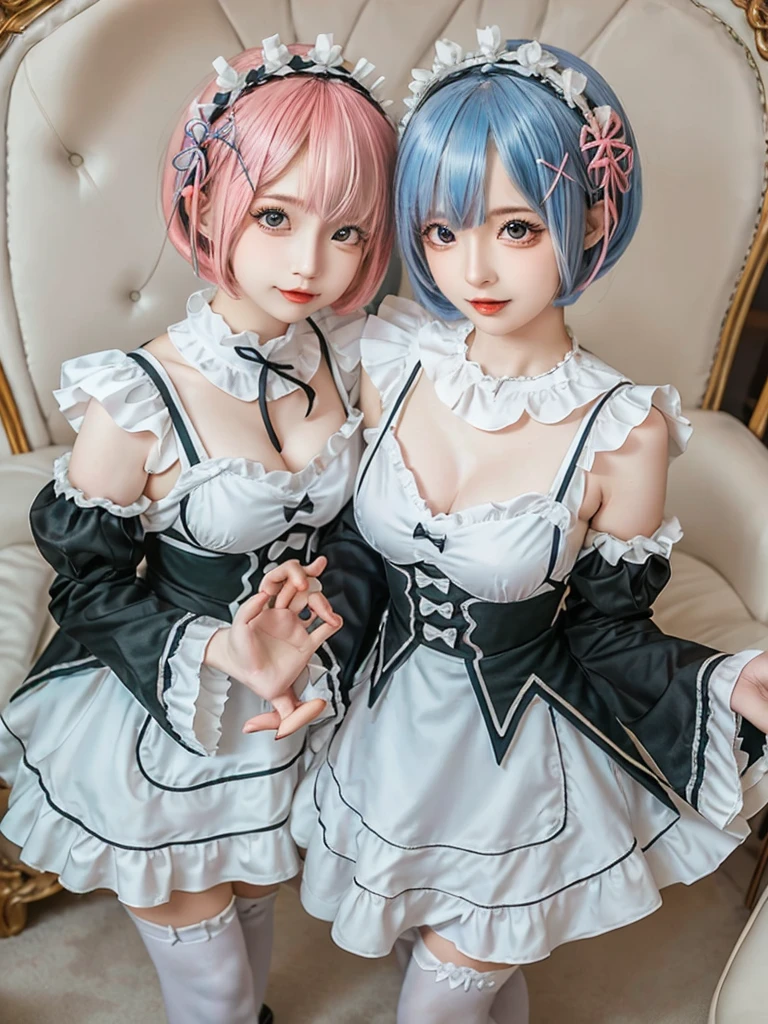 (8K, Photorealistic, Raw photo, of the highest quality: 1.3), (1girl in), Super beautiful, (Realistic face), (boyish, pink Color Berry Shorthair), Beautiful , Glare that captivates the viewer, Beautiful expression, Beautiful breasts, (Realistic skin), Be...Create a detailed and colorful image of Ram and Rem from Re:Zero, standing back-to-back in their maid outfits, with a magical fantasy background、14years old, two girls,cute, perfect face, beautiful, nice body, gothic lolita clothes, gothic lolita fashion, frilly skirt, headdress, necklace, bracelet, knee-high socks, boots, double eyelids, tear bags, Detailed down to the fingers, photo-like description, indoors, dim indoor lighting, one girl is pink hair and short bob, another girl is light blue hair and short bob,standing, sexy posing,whole body, composition that shows the whole body, smiling,The Both of them are wearing the same type of maid outfit