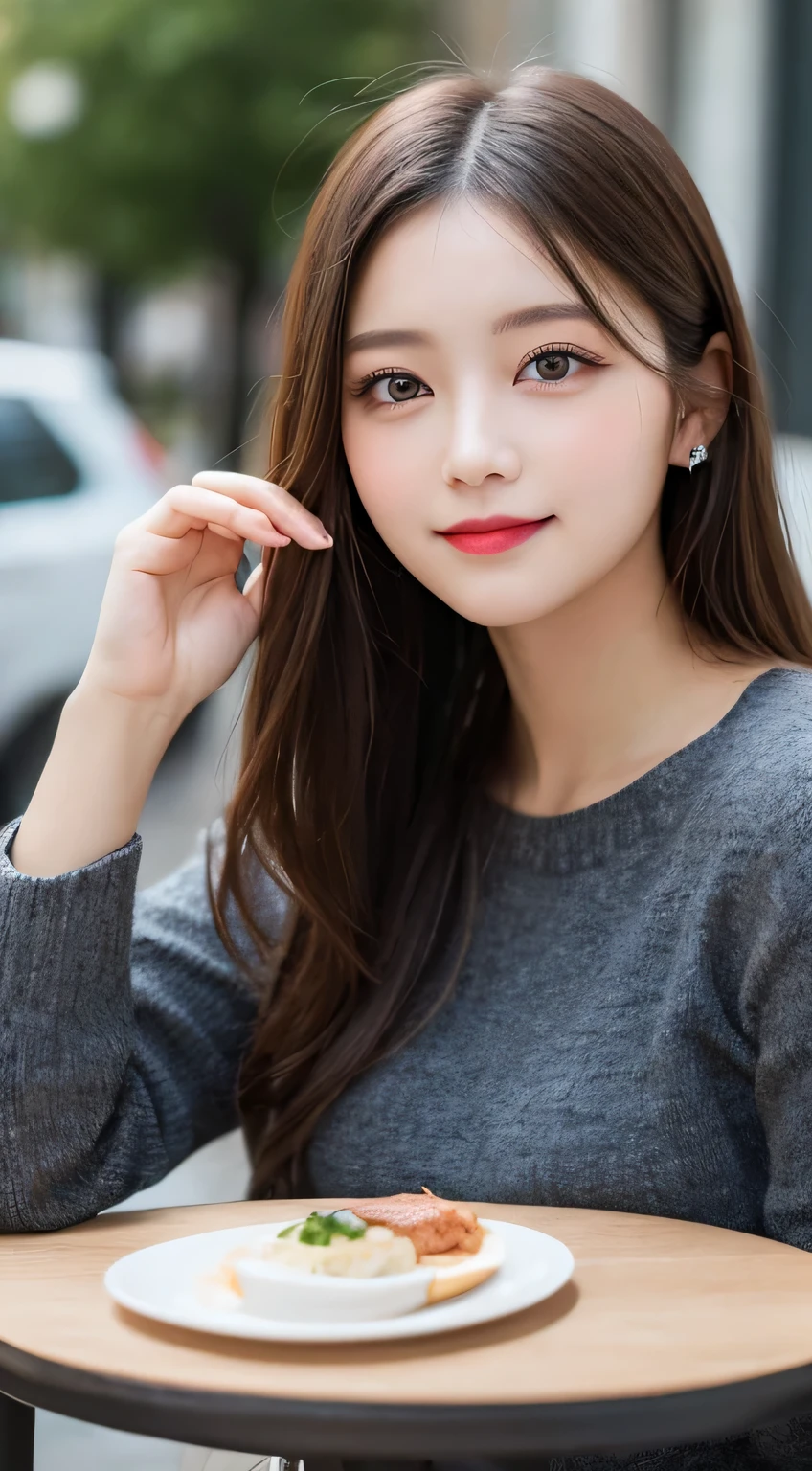 table top, highest quality, shape, Super detailed, finely, High resolution, 8k wallpaper, perfect dynamic composition shape, beautiful and detailed eyes, medium hair, small breasts, natural color lip, random jaguar pose,smile,big city、20 year old girl、midnight、Beautiful and dense face、perfect and beautiful face,Big eyes、beautiful and detailed face、blur the background、Latest Trends in Luxury Winter Dresses（black、setting）、cute face