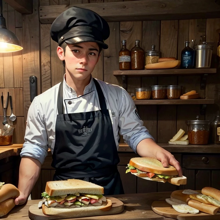 A sandwich cook that is a boy, handsome and make it look that hes a cook from a tavern bars