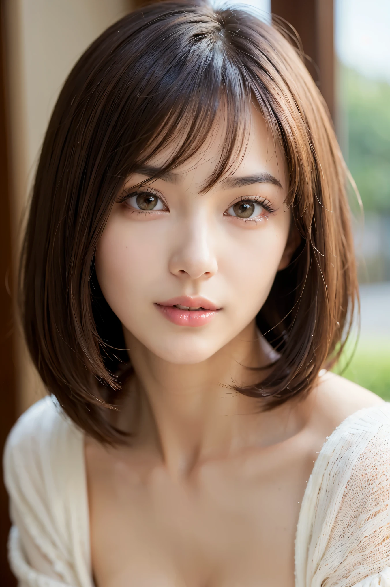((full body portrait))　(Very beautiful straight bob hair that is neatly organized down to the tips of the hair:1.3)   japanese woman　22 years ago　　super highest quality, face focus, soft light, ultra high resolution, (realistic:1.4), Raw photo,  Precise and beautiful thin eyebrows　cotton camisole　beautiful breasts　waist shot　slender body shape　((Highly detailed and high quality eyes:1.3)) 
1 Japanese girl, alone, cute,   (detailed beautiful face:1.3)  ((High resolution details of human skin texture:1.3)
indoor,  (Old Coffee Shop)　
White thick sweater, beautiful breasts　 (Beautiful straight bob hair all the way to the ends:1.3)  elegant and neat　　Intelligent and stylish
(portrait)  Focus on the eyes in high resolution　diffused light from window　非常にbeautiful gradation　gentle smile　beautiful gradation