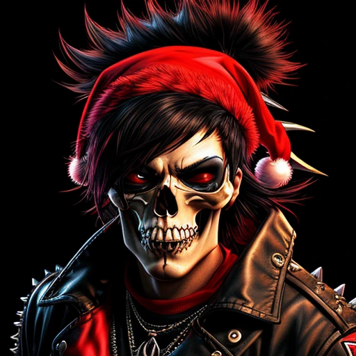 official art, unity 8k wallpaper, ultra detailed, vector art, aesthetically pleasing, High quality, masterpiece, best quality, Punk skull with red mohawk, side view, (((1man))), looking left, open mouth, detailed teeth, empty eye sockets, black and red graphic style, high contrast, (best quality, 4k, 8k, high resolution, masterpiece:1.2), ultra-detailed, illustration, HDR, UHD, sharp focus, bold lines, (punk, rebellious, aggressive:1.2), worm color tones, lens flare abuse, Yuki Katsura, subalpine meadows, Walking Catfish, Christmas Red