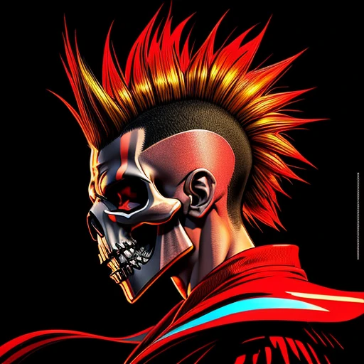 official art, unity 8k wallpaper, ultra detailed, vector art, aesthetically pleasing, High quality, masterpiece, best quality, Punk skull with red mohawk, side view, (((1man))), looking left, open mouth, detailed teeth, empty eye sockets, black and red graphic style, high contrast, (best quality, 4k, 8k, high resolution, masterpiece:1.2), ultra-detailed, illustration, HDR, UHD, sharp focus, bold lines, (punk, rebellious, aggressive:1.2), worm color tones, lens flare abuse, Yuki Katsura, subalpine meadows, Walking Catfish, Christmas Red