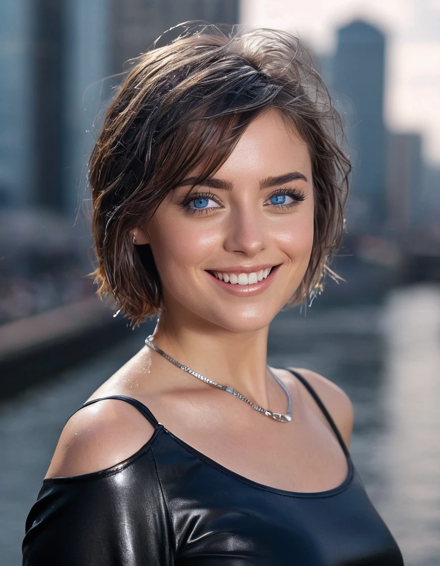 masterpiece, best quality, ultra-detailed),(1girl), blue eyes, short hair, brunette, dynamic angle, dynamic pose, natural lighting, floating, (colored top:1.2|black top), (tight skirt:1.2|leather pants:0.9), (silver bracelet:1.2|watch), (natural background:0.8| cityscape), (smiling:0.8| serious expression), (light in the hair), many drops of water:0.8
