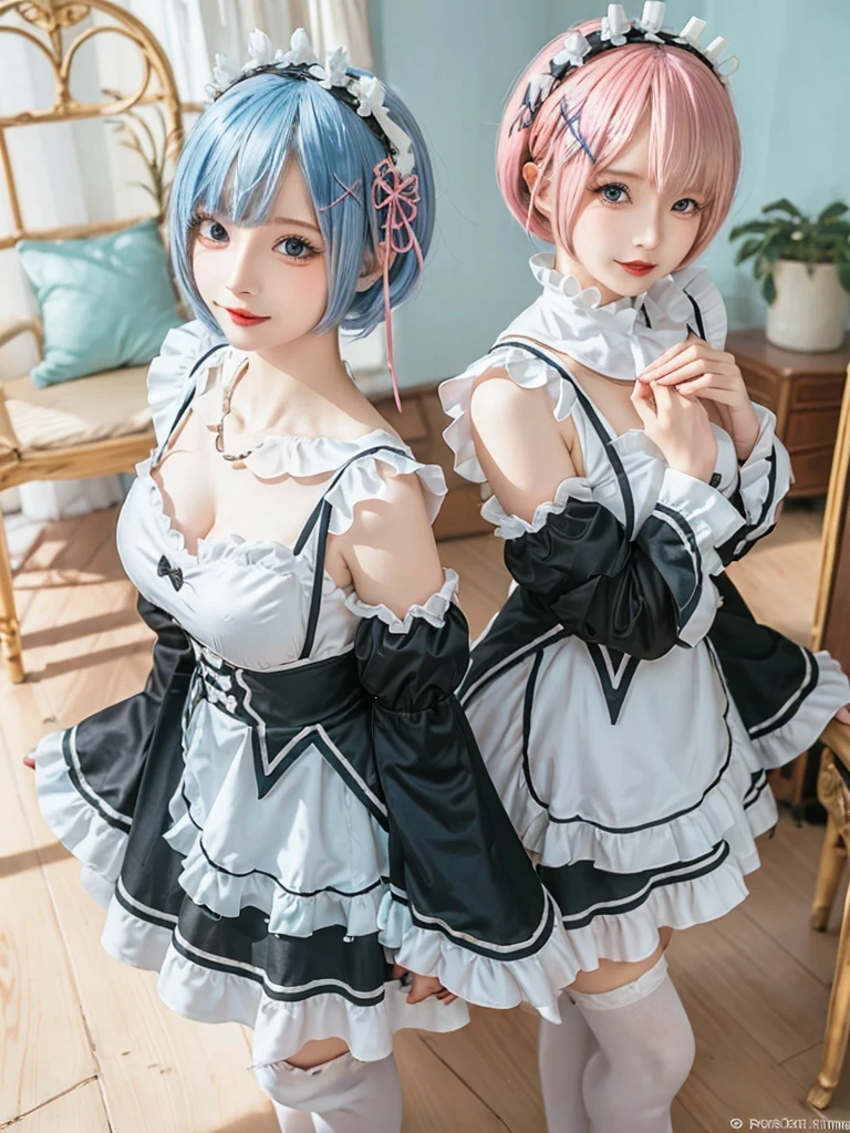 (8K, Photorealistic, Raw photo, of the highest quality: 1.3), (1girl in), Super beautiful, (Realistic face), (boyish, pink Color Berry Shorthair), Beautiful , Glare that captivates the viewer, Beautiful expression, Beautiful breasts, (Realistic skin), Be...Create a detailed and colorful image of Ram and Rem from Re:Zero, standing back-to-back in their maid outfits, with a magical fantasy background、14years old, two girls,cute, perfect face, beautiful, nice body, gothic lolita clothes, gothic lolita fashion, frilly skirt, headdress, necklace, bracelet, knee-high socks, boots, double eyelids, tear bags, Detailed down to the fingers, photo-like description, indoors, dim indoor lighting, one girl is pink hair and short bob, another girl is light blue hair and short bob,standing, sexy posing,whole body, composition that shows the whole body, smiling,The Both of them are wearing the same type of maid outfit