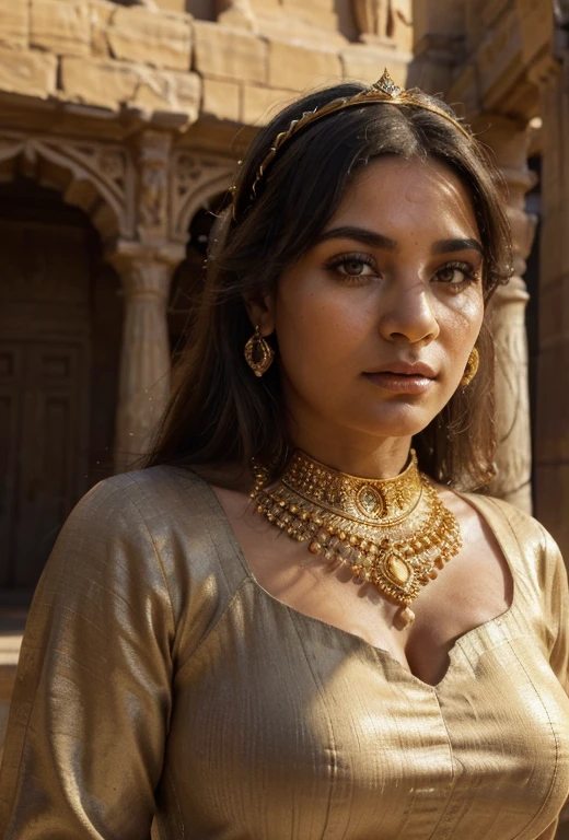 (best quality,4k,8k,highres,masterpiece:1.2),ultra-detailed,(realistic,photorealistic,photo-realistic:1.37),ancient egyptian style,Stone statue,chubby,fat woman,35 years old,beautiful detailed eyes,beautiful detailed lips,extremely detailed eyes and face,long eyelashes,smooth skin,curvaceous figure,royal headdress,golden jewelry,ornate dress,standing on a pedestal,sandstone texture,weathered appearance,cracks and crevices,imposing presence,impressive size,rich history and culture,serene expression,stoic pose,dusk lighting,subtle shadows,vibrant hues,golden tones