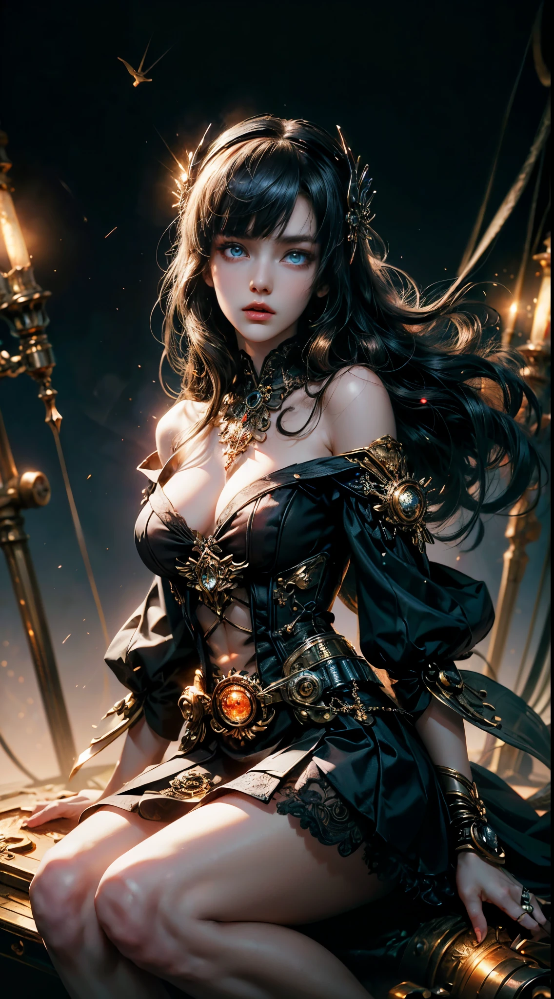 Wizard girl. Very pretty ,
(((masterpiece, best quality, raw photo, photorealistic, depth of field, ultra detailed, detailed face, very precise eyes))), Dynamic Action Pose, Invoke Magic, Mechanical Magic Weapons, very slender long legs, lace stockings on the knee, steampunk headgear, fluttering lace flared mini skirt, off-shoulder fashion with a fusion of detailed and intricate steampunk and detailed gothic lolita, (((Vslender body, long, thin limbs))), upward and beautiful small breasts, (((Thick bangs))), (((princess cut))), Clean long Black hair, long vertical curly hair, wind driven, futuristic complex steampunk factory background, infinite dark universe, flying celestial bodies, countless celestial neon lights raining down from the heavens, cinematic lighting decoration.