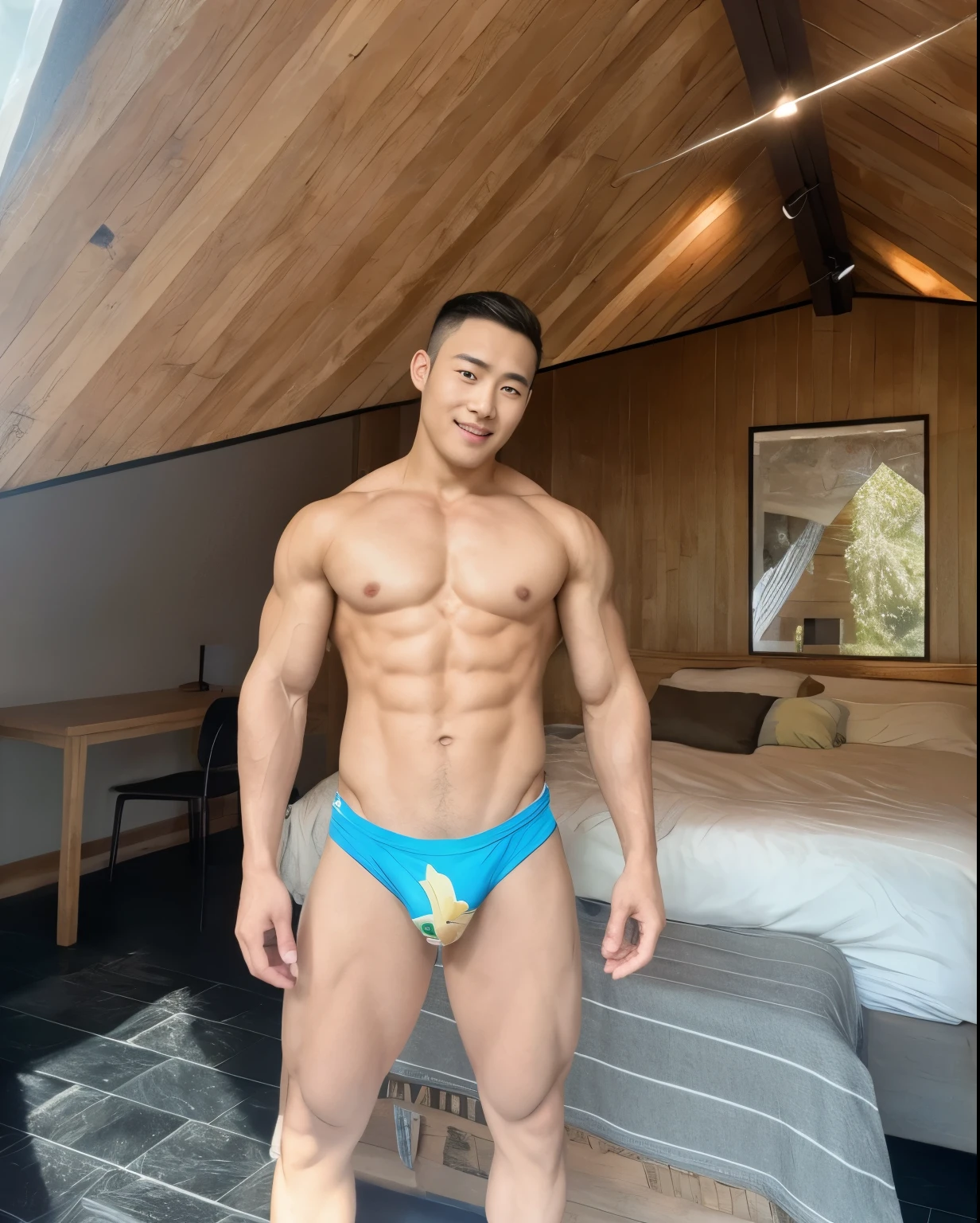 Handsome, young Korean ,hyper muscular realistic ,8 pack , hairy ,4k