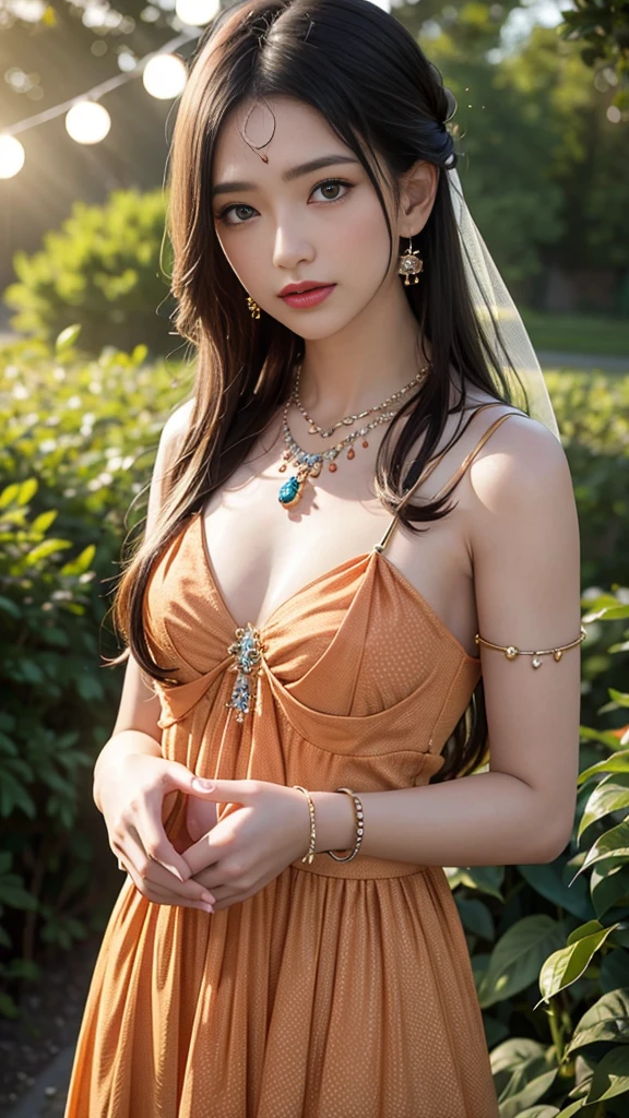 best quality, masterpiece, 1girl, (polka dot dress), orange dress, hair ornament, necklace, (jewellery:1.8), Beautiful face, small breasts, tyndall effect, photorealistic, rim lighting, two tone lighting, (high detailed skin:1.2), dslr, (spreading light:1.5) soft lighting, high quality, volumetric lighting, candid, in the garden, Photograph, high resolution, 4k, 8k, Bokeh,
