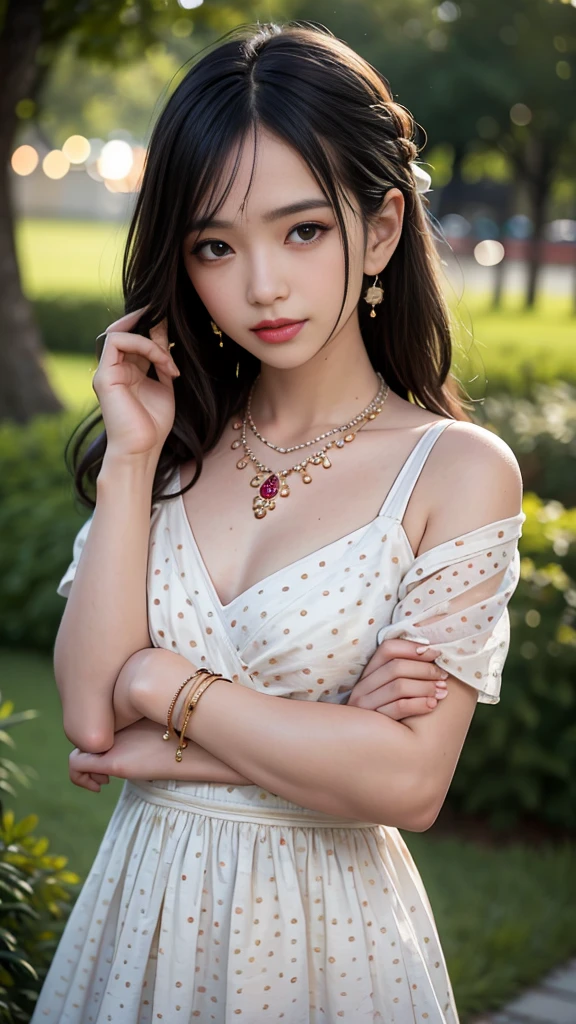 best quality, masterpiece, 1girl, (polka dot dress), orange dress, hair ornament, necklace, (jewellery:1.8), Beautiful face, small breasts, tyndall effect, photorealistic, rim lighting, two tone lighting, (high detailed skin:1.2), dslr, (spreading light:1.5) soft lighting, high quality, volumetric lighting, candid, in the garden, Photograph, high resolution, 4k, 8k, Bokeh,