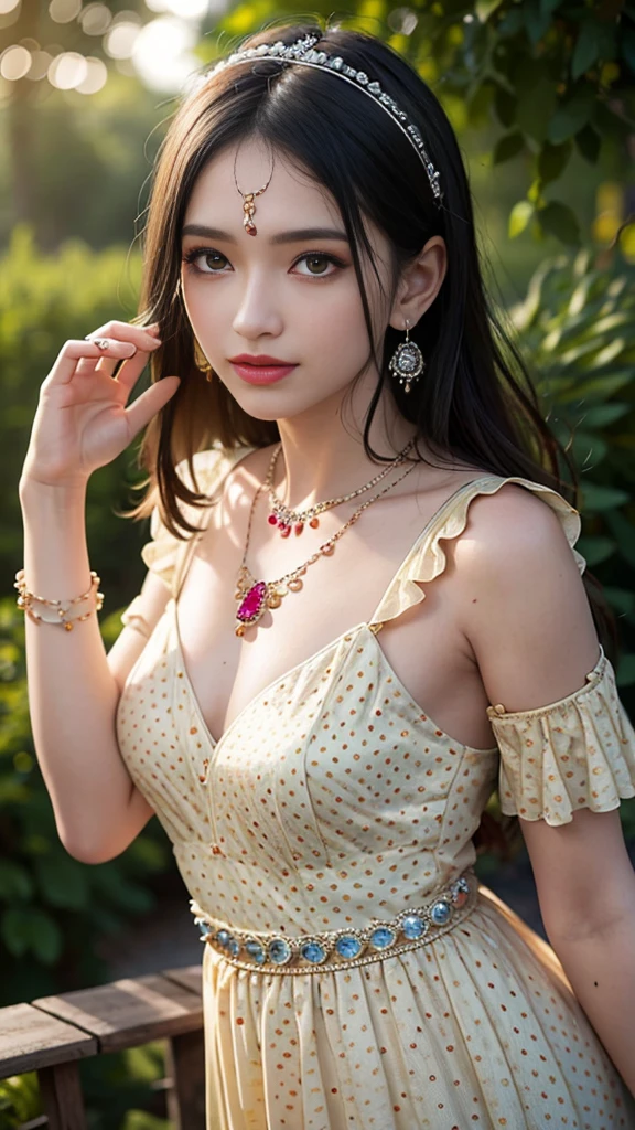 best quality, masterpiece, 1girl, (polka dot dress), (brown dress), hair ornament, necklace, (jewellery:1.8), Beautiful face, small breasts, tyndall effect, photorealistic, rim lighting, two tone lighting, (high detailed skin:1.2), dslr, (spreading light:1.5) soft lighting, high quality, volumetric lighting, candid, in the garden, Photograph, high resolution, 4k, 8k, Bokeh,