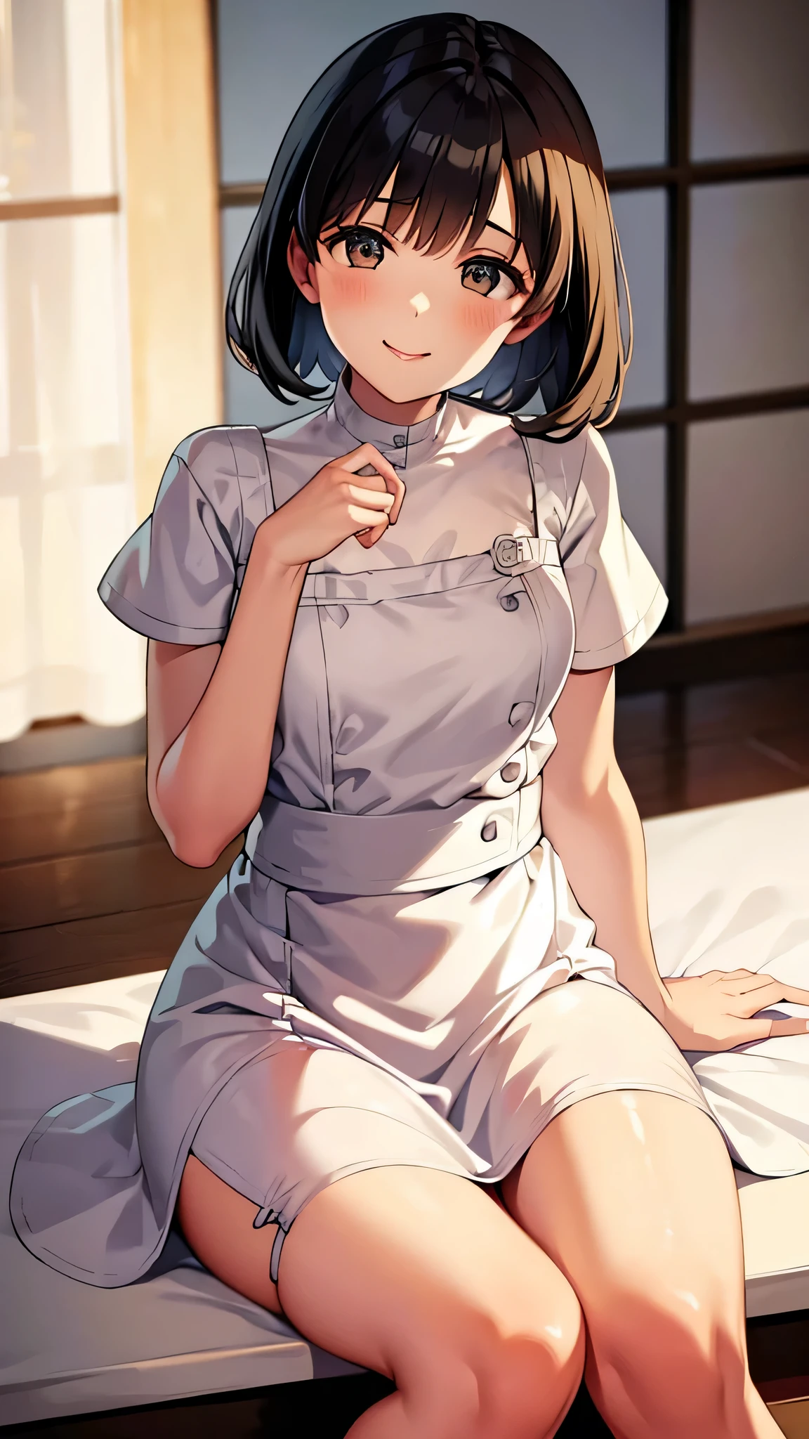 Awoman, short hair, wearing white dress, short dress, sit on the tabl,, smile face