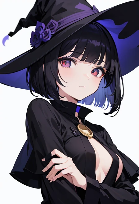 Witch's outfit, Anime-style portrait of a girl with a deep violet bob cut, {Golden eyes}, bright eyes, -facee contact with the camera, subtle smile, minimalistic background to emphasize character, high contrast, clean lines, digital painting, vivid colors