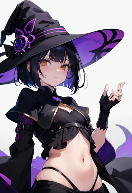 Witch's outfit, Anime-style portrait of a girl with a deep violet bob cut, {Golden eyes}, bright eyes, baby-faced, eye contact with the camera, subtle smile, minimalistic background to emphasize character, high contrast, clean lines, digital painting, vivid colors