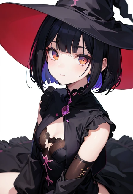 Witch's outfit, Anime-style portrait of a girl with a deep violet bob cut, {Golden eyes}, bright eyes, -facee contact with the camera, subtle smile, minimalistic background to emphasize character, high contrast, clean lines, digital painting, vivid colors