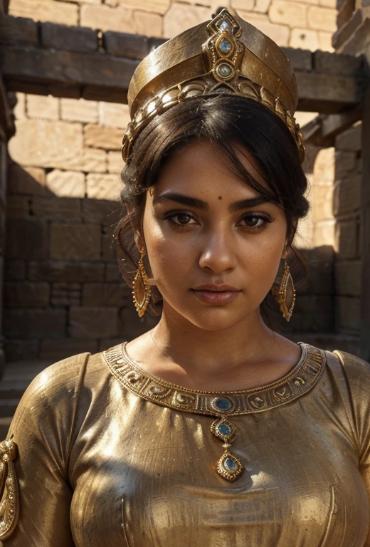 (best quality,4k,8k,highres,masterpiece:1.2),ultra-detailed,(realistic,photorealistic,photo-realistic:1.37),ancient egyptian style,(Stone statue) ,chubby,fat woman, 35 years old,beautiful detailed eyes,beautiful detailed lips,extremely detailed eyes and face,long eyelashes,smooth skin,curvaceous figure,royal headdress,golden jewelry,ornate dress,standing on a pedestal,sandstone texture,weathered appearance,cracks and crevices,imposing presence,impressive size,rich history and culture,serene expression,stoic pose,dusk lighting,subtle shadows,vibrant hues,golden tones