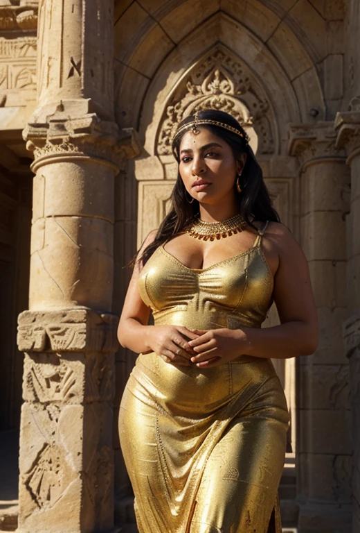 (best quality,4k,8k,highres,masterpiece:1.2),ultra-detailed,(realistic,photorealistic,photo-realistic:1.37),ancient egyptian style,(Stone statue) ,chubby,fat woman, 35 years old,beautiful detailed eyes,beautiful detailed lips,extremely detailed eyes and face,long eyelashes,smooth skin,curvaceous figure,royal headdress,golden jewelry,ornate dress,standing on a pedestal,sandstone texture,weathered appearance,cracks and crevices,imposing presence,impressive size,rich history and culture,serene expression,stoic pose,dusk lighting,subtle shadows,vibrant hues,golden tones