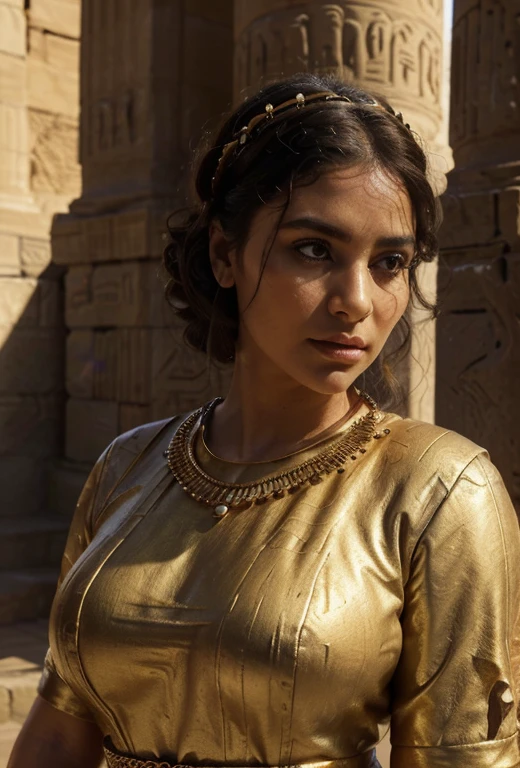 (best quality,4k,8k,highres,masterpiece:1.2),ultra-detailed,(realistic,photorealistic,photo-realistic:1.37),ancient egyptian style,Stone statue,chubby,fat woman,35 years old,beautiful detailed eyes,beautiful detailed lips,extremely detailed eyes and face,long eyelashes,smooth skin,curvaceous figure,royal headdress,golden jewelry,ornate dress,standing on a pedestal,sandstone texture,weathered appearance,cracks and crevices,imposing presence,impressive size,rich history and culture,serene expression,stoic pose,dusk lighting,subtle shadows,vibrant hues,golden tones