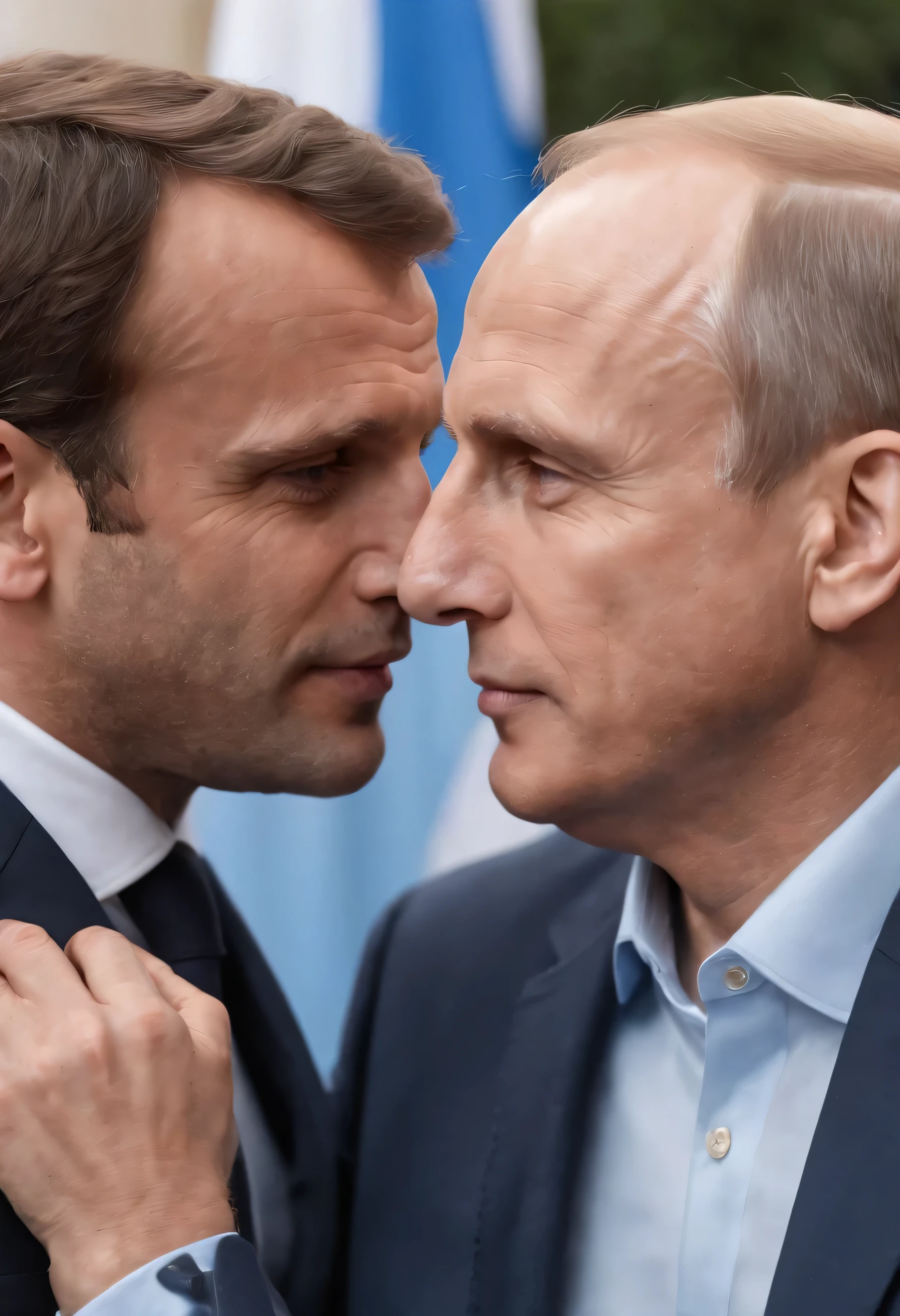 Photograph depicting "Douce embrassade d'Emmanuel Macron et Vladimir Poutine"
Cinematographic portrait of Emmanuel Macron who languidly embraces Vladimir Putin, Realistic, photo en résolution 4k, environnement intime, chambre, ultra net, ultra detailed skin texture, realistic. 