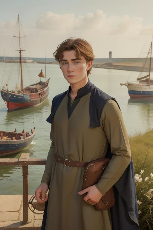 Year: 11th century. mood: Calais, france. Pre-Raphaelite scene with a 19-year-old Englishman, arrival by boat at the port, ((((11th century plain dull tunic)))) ((11th century hairstyle)), (((cinematic style)))