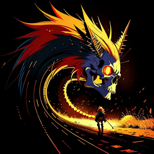 official art, unity 8k wallpaper, ultra detailed, vector art, aesthetically pleasing, High quality, masterpiece, best quality, Punk skull with red mohawk, side view, (((1man))), looking left, open mouth, detailed teeth, empty eye sockets, black and red graphic style, high contrast, (best quality, 4k, 8k, high resolution, masterpiece:1.2), ultra-detailed, illustration, HDR, UHD, sharp focus, bold lines, (punk, rebellious, aggressive:1.2), worm color tones, lens flare abuse, Yuki Katsura, subalpine meadows, Walking Catfish, Christmas Red