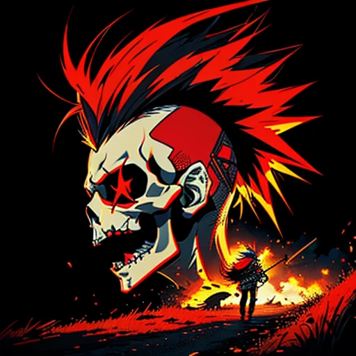 official art, unity 8k wallpaper, ultra detailed, vector art, aesthetically pleasing, High quality, masterpiece, best quality, Punk skull with red mohawk, side view, (((1man))), looking left, open mouth, detailed teeth, empty eye sockets, black and red graphic style, high contrast, (best quality, 4k, 8k, high resolution, masterpiece:1.2), ultra-detailed, illustration, HDR, UHD, sharp focus, bold lines, (punk, rebellious, aggressive:1.2), worm color tones, lens flare abuse, Yuki Katsura, subalpine meadows, Walking Catfish, Christmas Red