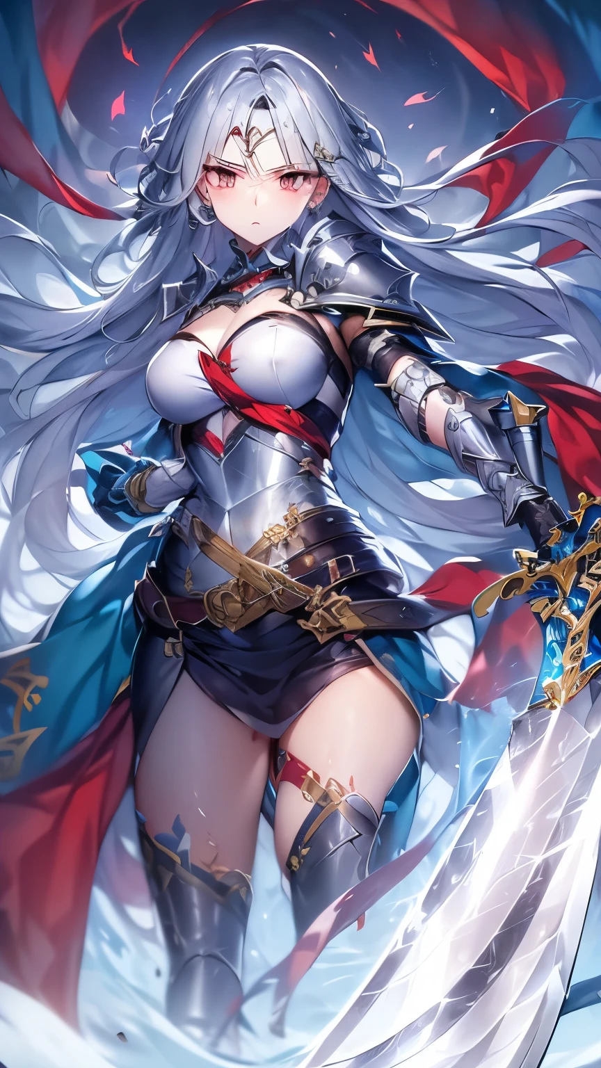 highest quality、masterpiece、Super detailed、intricate details、Very detailed and delicate:1.1、
An illustration:1.1、very detailed and beautiful、realistic、Beautiful and clear background:1.25、
((Magic Sword NovelAI:1,5)))
(gripping sword / NovelAI)

(((Magic Sword NovelAI:1,5)))Red eyes, silver hair, (((Magic Sword))), (((Magic Sword User))), (((Background Battlefield))), knight, girl, solo