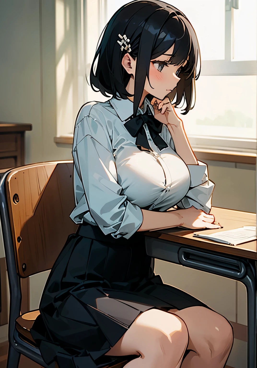 {best quality},lecture room、black hair short、woman、Large beautiful breasts、dress shirt、skirt、sit in a chair 、Leaning your elbows on the desk、Pensive、looking away from the camera、Side view、cowboy shot