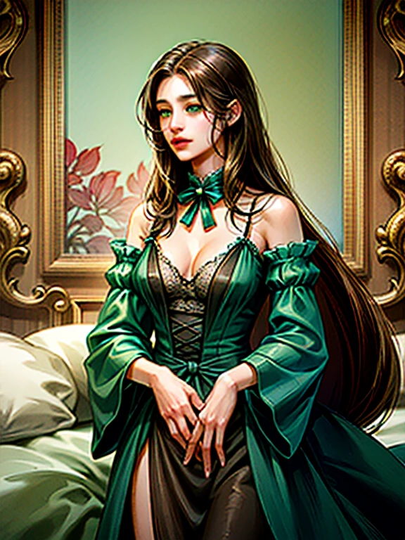 In a cozy bedroom, on a large beautiful bed, facing each other, a man (tall, stately, attractive, athletic, masculine, handsome, long curly shock-haired) and a woman (a slender young woman, in a semi-transparent short negligee with a low neckline, both sleeves are pulled down to the elbow, revealing perfect breasts with pointed with bright pink nipples and wide oreoles, she has very long brown hair, slightly curly hair, green eyes), they kiss in French, their bodies are in the frame, careful drawing of anatomical accuracy, cute face type, Hyper-detail. Masterpiece, perfect drawing, realistic drawing, full-length drawing, 8k. full-length image, realistic image, detailed image. an extremely detailed illustration, a real masterpiece, of the highest quality, with careful drawing. shadow shading that conveys the essence of flirting.