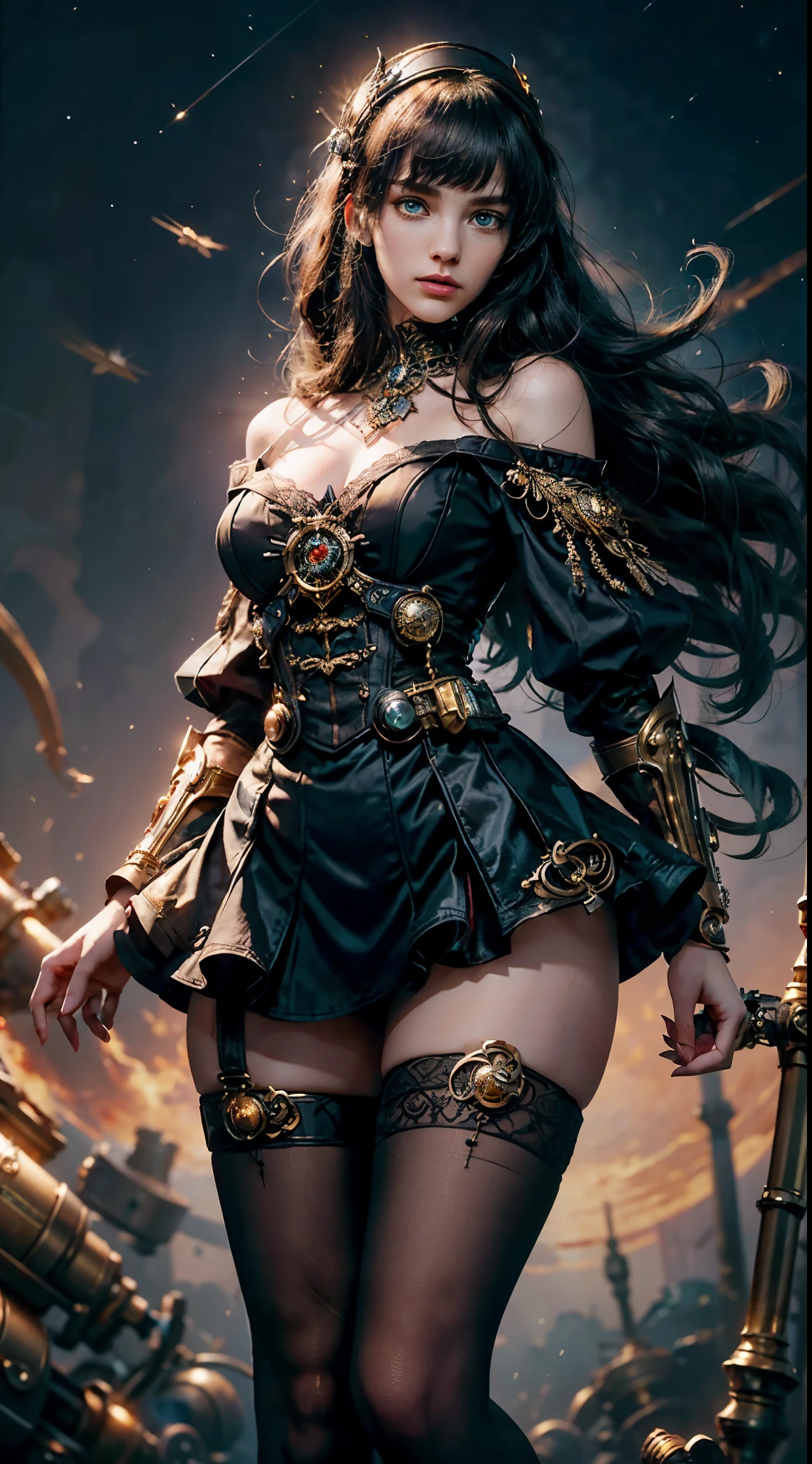 Wizard girl. Very pretty 14 years old,
(((masterpiece, best quality, raw photo, photorealistic, depth of field, ultra detailed, detailed face, very precise eyes))), Dynamic Action Pose, Invoke Magic, Mechanical Magic Weapons,  very slender long legs, lace stockings on the knee, steampunk headgear, fluttering lace flared mini skirt, off-shoulder fashion with a fusion of detailed and intricate steampunk and detailed gothic lolita, (((Very slender body, long, thin limbs))), upward and beautiful small breasts, (((Thick bangs))), (((princess cut))), Clean long Black hair, long vertical curly hair, wind driven, futuristic complex steampunk factory background, infinite dark universe, flying celestial bodies, countless celestial neon lights raining down from the heavens, cinematic lighting decoration.