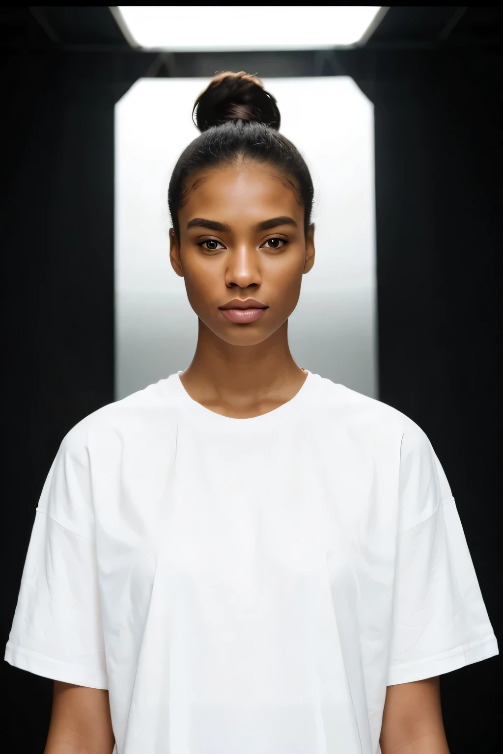 beautiful black model wears white solid oversized t-shirt, Produce a visually stunning and hyper-realistic banner image with top-notch quality, Pay meticulous attention to full skin details on the model to enhance the realistic aesthetic. realistic skin details, The final output should be in 4K resolution and tailored specifically for a street wear store front banner, meeting the highest standards of quality and appeal, light background and studio shooting.