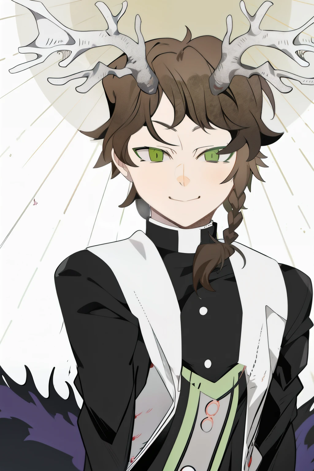 anime boy with horns and green eyes in front of a full moon, inspired by Okumura Masanobu, demon slayer rui fanart, with horns, digital art from danganronpa, inspired by Okumura Togyu, handsome guy in demon slayer art, [[[[grinning evily]]]], demon slayer artstyle