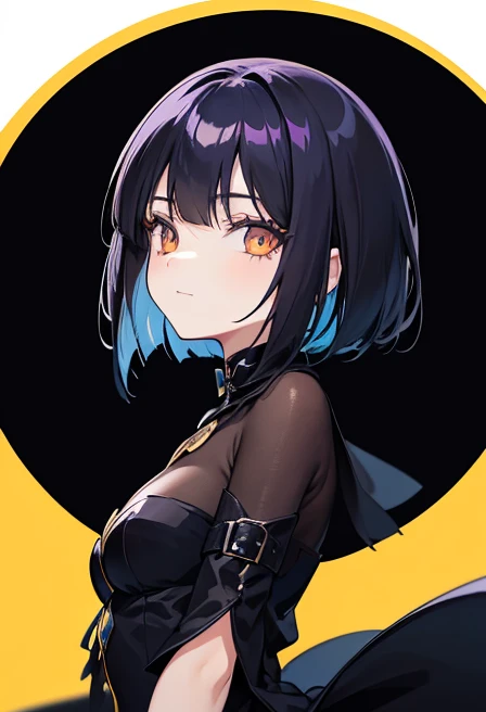 Witch's outfit, Anime-style portrait of a girl with a deep violet bob cut, {Golden eyes}, bright eyes, baby-faced, eye contact with the camera, subtle smile, minimalistic background to emphasize character, high contrast, clean lines, digital painting, vivid colors