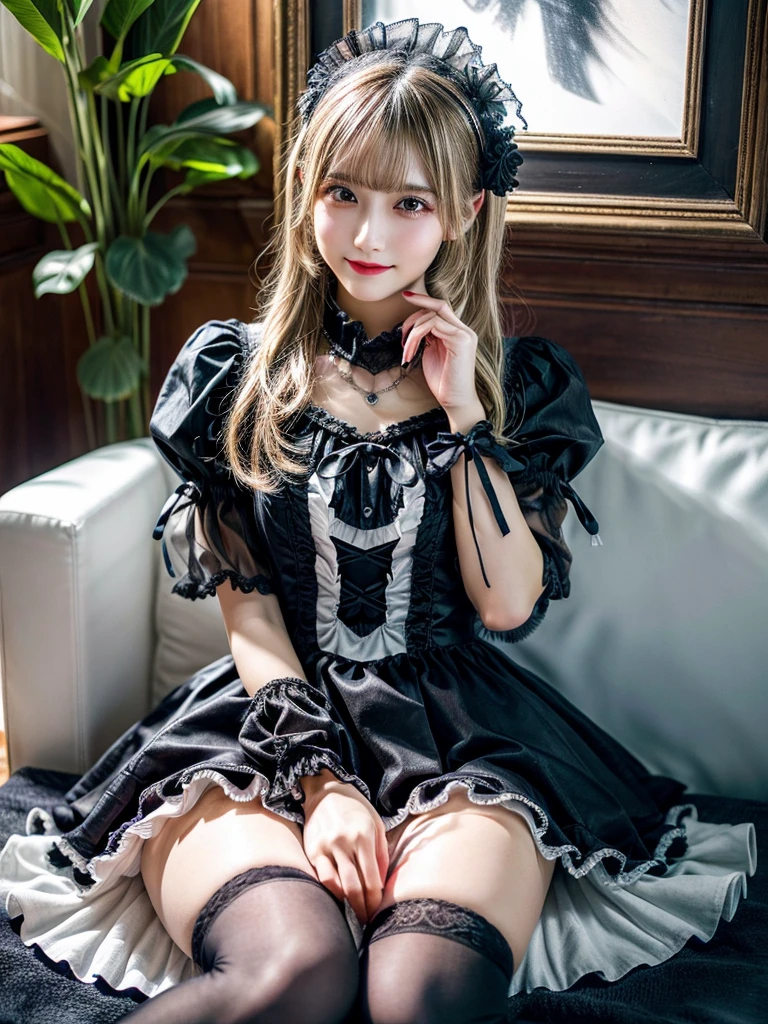 (8K, Photorealistic, Raw photo, of the highest quality: 1.3), (1girl in), Super beautiful, (Realistic face), (boyish, Silver Color Berry Shorthair), Beautiful , Glare that captivates the viewer, Beautiful expression, Beautiful breasts, (Realistic skin), Be...Super high quality, super high definition, super detailed, masterpiece, 20years old, female, cute, perfect face, beautiful, nice body, gothic ta clothes, gothic loliashion, frilly skirt, headdress, necklace, bracelet, knee-high socks, boots, double eyelids, tear bags, Detailed down to the fingers, photo-like description, indoors, dim indoor lighting, blonde hair,semi long straight hair , standing, whole body, composition that shows the whole body, smiling, cute posing