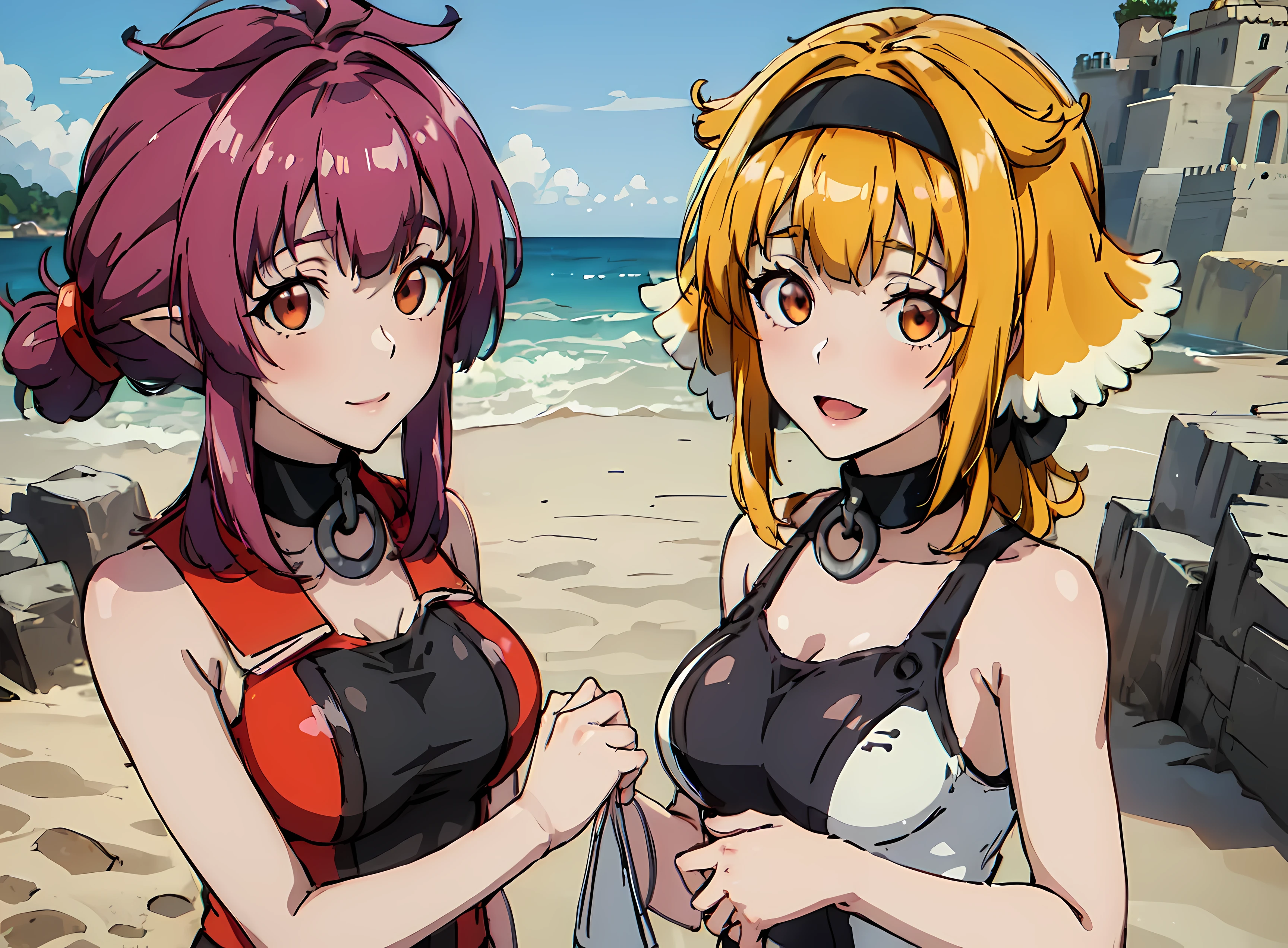 ((((Roxanne)))), dog ears, dog tail, large breasts, 2 girl in a swimsuit, facing a cute viewer, (((sherry))), hair_ornament, hair_tie, [[[elf ears]]], a sand castle beach. She will build a sand castle. (( High image quality)), (((Top quality))),　Smile, detailed face, perfect hands, pronounced breasts, small waist,  long legs, (black_hairband), (roxanne), [large breasts]