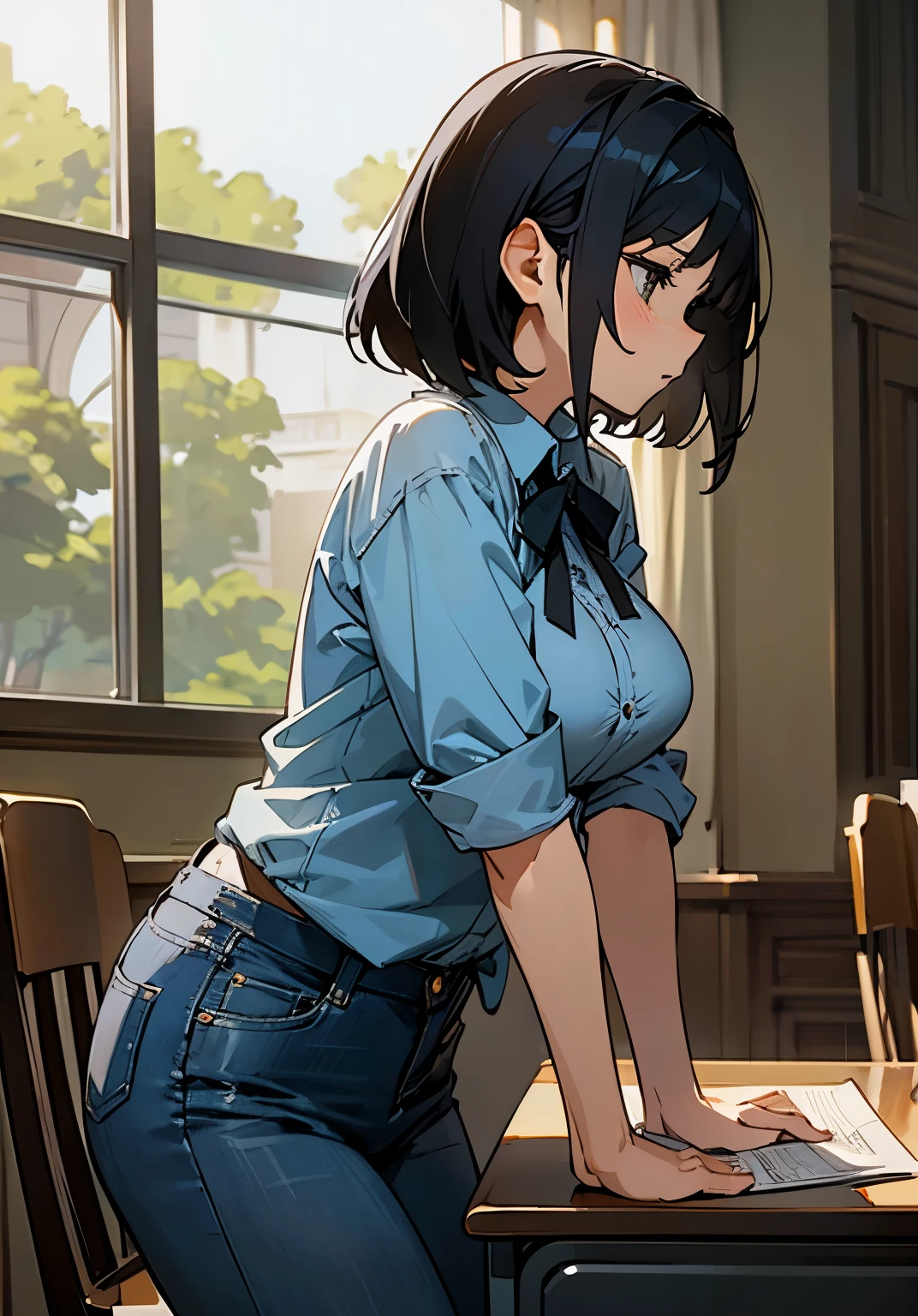 {best quality},lecture room、black hair short、woman、Large beautiful breasts、denim shirt、skirt、sit in a chair 、Leaning your elbows on the desk、Pensive、looking away from the camera、Side view、cowboy shot