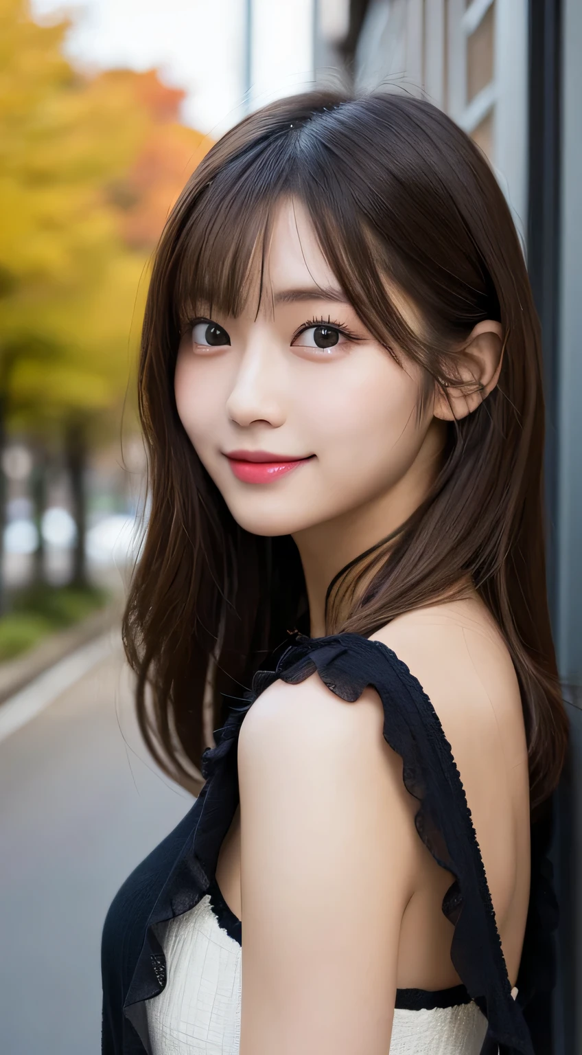 table top, highest quality, figure, Super detailed, finely, High resolution, 8k wallpaper, Perfect dynamic composition figure, detailed and beautiful eyes, Women's fashion🍂,medium hair,、natural color lip, bold sexy pose,smile,Harajuku、20 year old girl、cute、sexy shot looking at camera