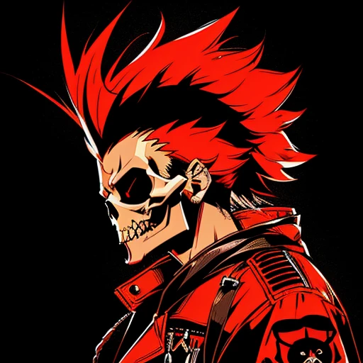 official art, unity 8k wallpaper, ultra detailed, vector art, aesthetically pleasing, High quality, masterpiece, best quality, male punk skull with red mohawk, side view, (((1man))), looking left, open mouth, detailed teeth, empty eye sockets, black and red graphic style, high contrast, (best quality, 4k, 8k, high resolution, masterpiece:1.2), ultra-detailed, illustration, HDR, UHD, sharp focus, bold lines, (punk, rebellious, aggressive:1.2), worm color tones, lens flare abuse, Yuki Katsura, subalpine meadows, Walking Catfish, Christmas Red