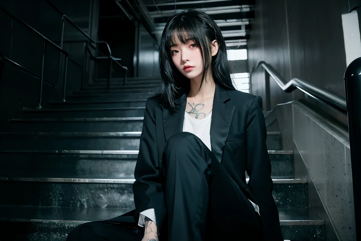 tech noir, calm cyberpunk style, dark cyberpunk atmosphere, A girl sitting lit staircase, shoulder length hair, loose hair, Tattoo on hand, white shirt, black suit, black pants suit, masterpiece, best quality, 8k, editorial photograph, felix englund style, SIGMA 50mm F1.4, high contrast, candytt